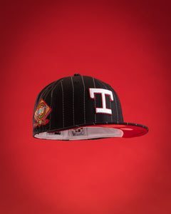 NEW ERA "COUNTRY CLUB" TEXAS RANGERS FITTED (BLACK PINSTRIPE/RED)