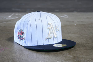 NEW ERA "PINSTRIPE" OAKLAND A'S FITTED HAT (NAVY/WHITE PINSTRIPE)