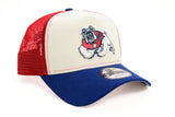 NEW ERA "COLOR BLOCK" FRESNO STATE BULLDOGS A-FRAME MESH SNAPBACK (CHROME/DARK ROYAL/SCARLET)