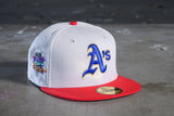 NEW ERA "NEW GOLD MEDAL" OAKLAND A’S FITTED HAT (STONE/SCARLET)