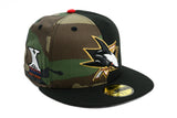 NEW ERA "BAYPE” SAN JOSE SHARKS  FITTED HAT (WOODLAND CAMO/BLACK/RED)