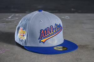 NEW ERA "SUNSET SCRIPT" OAKLAND A'S FITTED HAT (STORM GREY/DARK ROYAL)