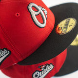 NEW ERA "LETTERMAN" BALTIMORE ORIOLES FITTED HAT (RED/BLACK/METALLIC SILVER)