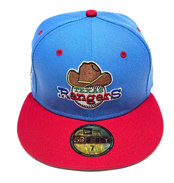 NEW ERA “ANGRY TEXANS” TEXAS RANGERS FITTED HAT (AIR FORCE BLUE/SCARLET)