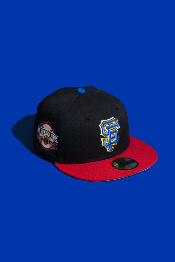 black and blue fitted hat