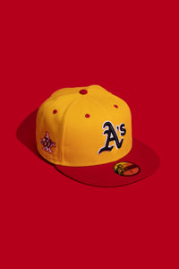 NEW ERA "ALOHA" OAKLAND A'S FITTED HAT (GOLD/RED) (SIZE 7, 7 3/8, 7 1/2, 7 5/8)
